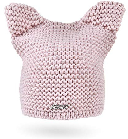 Neverless® Damen Strickmütze Katze Katzenohren Winter-Mütze Grobstrickmuster Strick-Beanie Rosa