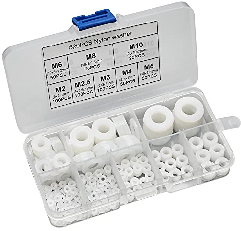 520 Stück Weiße Unterlegscheiben Kunststoff, Nylon-Unterlegscheibe, Flach Unterlegscheiben 8 Größen UnterlegscheibenSet Industrielle Befestigungskopf-Unterlegscheiben mit M2 M2.5 M3 M4 M5 M6 M8 M10