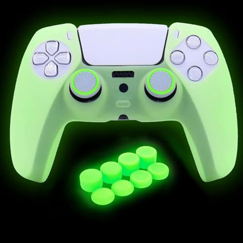 HLRAO Cover protettiva in silicone verde antiscivolo che si illumina al buio, compatibile con controller PS5, 8 tappi per pollice e 2 tappi per impugnature che si illuminano al buio.