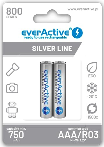 everActive Batteria AAA 800 mAh, 2 pezzi, NI-MH, Micro R03, batterie ricaricabili, precaricate, Silver Line 1,2 V, 1 blister