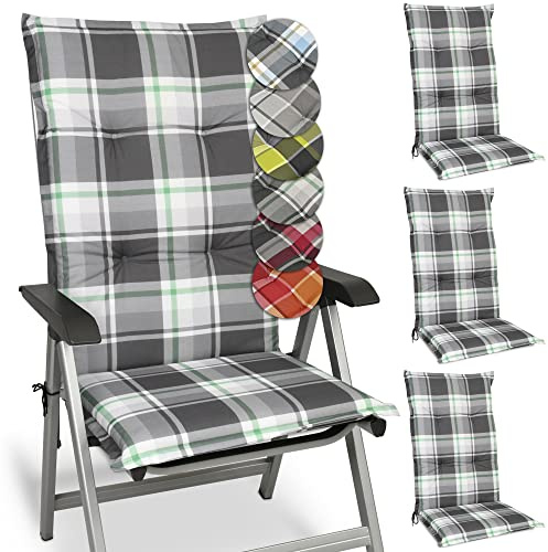 Beautissu 4er Set Hochlehner Auflagen für Gartenstühle rutschfest Mintgrün | 120x50cm Kariert 6cm Dicke bequeme Polsterauflage Stuhlkissen Sitzauflage Polster Bequem UV-Lichtecht Gartenpolster Sunny MK