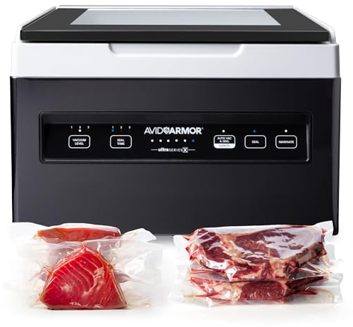 Avid Armor Chamber Vacuum Sealer Machine USVX Ultra Series 10 Seal Bar for Liquid-Rich Wet Foods, Cooking Sous Vide, Infusions. Compact Size Vacuum Chamber Sealer Black Color Great for the Countertop