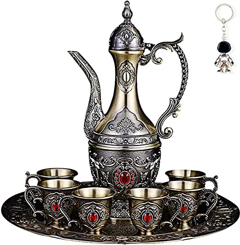 Juego de tetera vintage que incluye cafetera turca, bandeja de té y tazas de metal, juego de servicio de té para servir té, café, vino tinto, adornos de decoración de gabinete de vino (rojo)