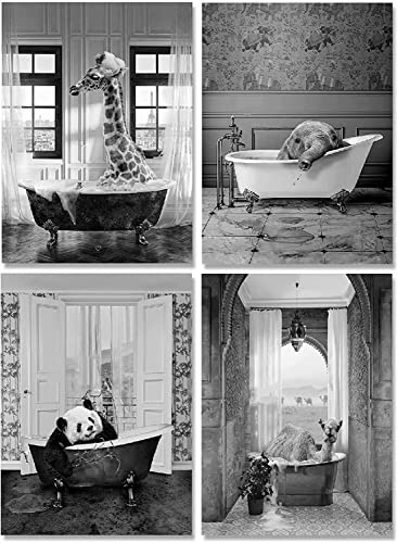 Immagini da bagno, in bianco e nero, panda animale, nella vasca da bagno, immagine divertente da parete, stampa su tela, decorazione per la casa(20 x 30 cm x 4 pezzi)