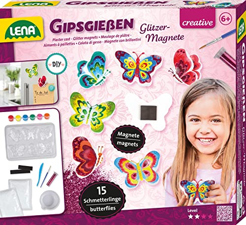 Lena 42707 Gips Gießen Set Glitter Schmetterlinge - Kreativ Set für Kinder ab 8 Jahren zum Selbergießen von bezaubernden Schmetterlingen, Mit Gips, Formen, Glitzer und Werkzeug