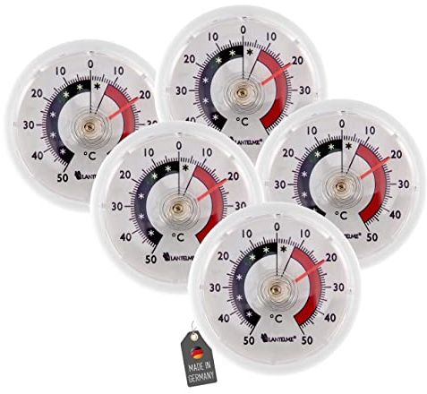 Lantelme 5 Stück Kühlschrank Thermometer Set | selbstklebend Analog | auch für Kühl Gefrierschrank Weinlager Kühltheke | Temperaturmesser Farbe weiß | Kühlschrankthermometer Gefrierschrankthermometer