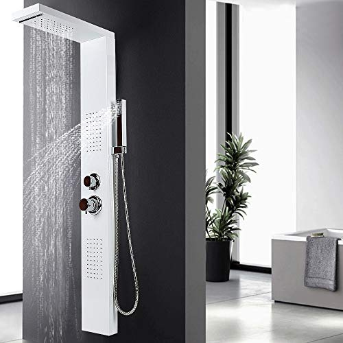 Colonne de Douche à Montage Mural Pulvérisateur, Panneau de Douche Acier Inox, Colonne de Douche Hydromassante avec Mitigeur et Buses Massants (15 * 47 * 130cm-blanc)