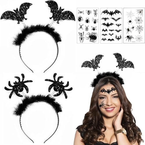 KWHSUN Halloween Haarreif,Halloween Fledermaus Haarreif,Halloween Haarreifen Spinnen, 2 Stücke Halloween Haarschmuck mit 3 Halloween Tattoos,Für Halloween Karneval und Fasching verkleiden sich