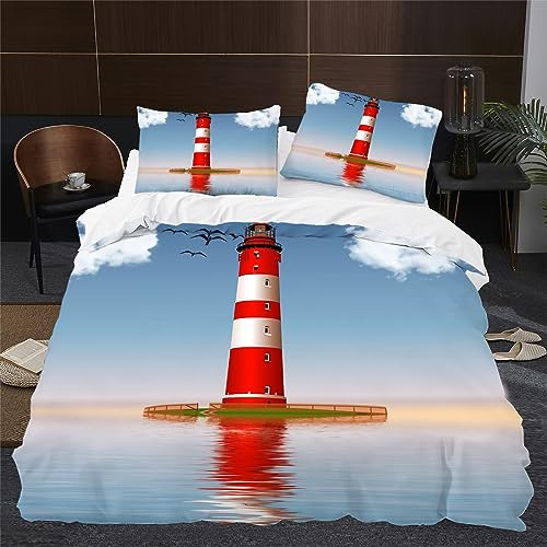 Hellblauer Leuchtturm Bettwäsche 135x200 Landschaft Bettwäsche-Sets für Jungen Mädchen Erwachsene Bettbezug Microfaser Muster Bettwäsche Set und 2 Kissenbezug 80x80 mit Reißverschluss