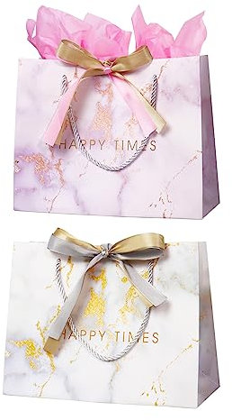 Lot de 2 sacs cadeaux en papier avec anse, 25 × 20 × 12 cm, sacs cadeaux en papier avec ruban, pour mariage, festival, Noël (rose, blanc)