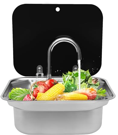Fregadero RV, lavabo de mano de un solo cuenco, lavabo rectangular con grifo y tapa, lavabo compacto para caravanas, cocinas pequeñas, bares, hoteles, cafeterías