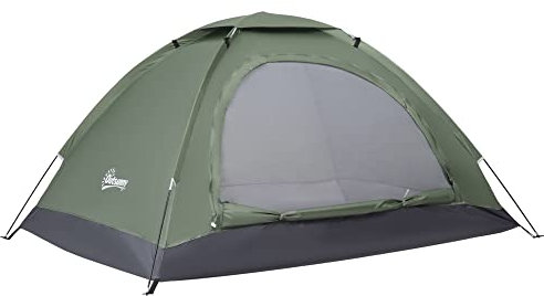 Outsunny 2 Person Camping Tent, Dome Tent with Zipped Doors, Storage Pocket, Portable Handy Bag, Dark Green