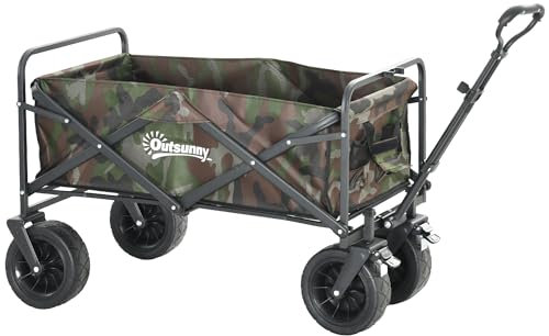 Outsunny 100KG Festival Trolley on Wheels, Folding Camping Trolley Cart with Telescopic Handle, Carry Bag and All-Terrain Big Wheels, for Garden Beach Fishing, Camouflage