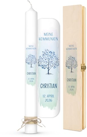 AMARI ® Kommunionkerze personalisiert Baum des Lebens H:40cm/⌀:4cm - Kerze Kommunion - Kommunionkerze Junge/Mädchen