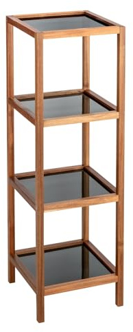 WENKO Bad- & Wohnregal Mod. Fondi, Regal aus massivem Akazienholz mit 4 Etagen, Glasböden in Schwarz, 36 x 112 x 36 cm