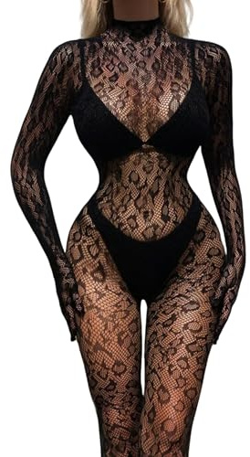 Juketron Body Transparente de Encaje Sexy Monos de Red de Manga Larga Trajes de Salto elásticos para Club Nocturno para Mujer Monos de Baile en Barra Sexy-Negro-Talla única