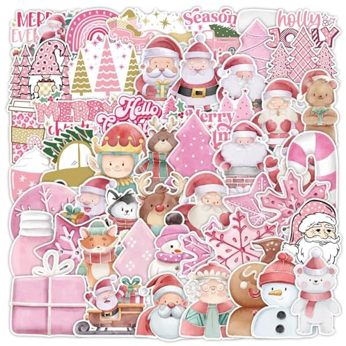 Christmas Stickers Pack of 50 for Christmas Decoration, Vinyl Christmas Stickers, Waterproof Decals for Skateboard, Car, Motorcycles, Bicycle, Luggage, Laptop, Suitcase (Christmas) (Pink)