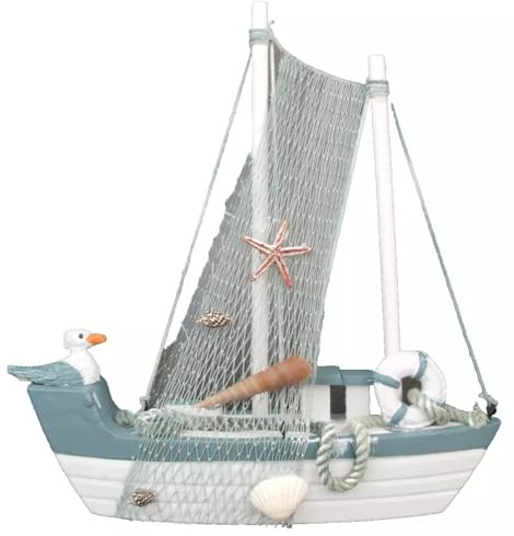 Generisch Maritime Dekoration Holz Boot mit Möwe 22cm Seestern Rettungsring Schiff Fischernetz Muschel