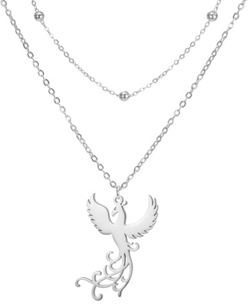 VASSAGO Collana di fenice nascente per donne Collana con ciondolo di uccello di fuoco in acciaio inox per uomini Regali di gioielli alla moda (Catena di perle d'argento)