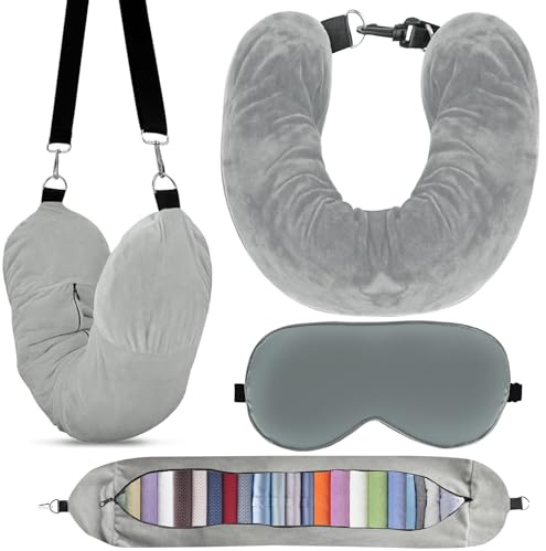 Cuscino Viaggio Riempibile, Cuscino da Viaggio Imbottibile con la Benda, Cuscino Cervicale Imbottito con Vestiti, Multifunzionale a Forma di U Collo da Viaggio per Viaggiare in Auto o in Aereo (Grey)
