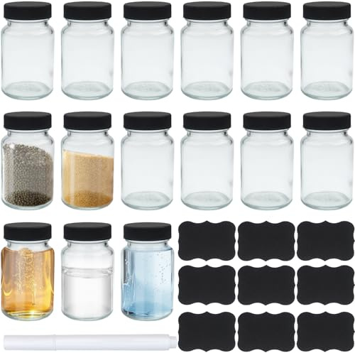 Roellgs 15 Pcs Glass Shot Bottles with Lids, 60 ml Juice Jars with Labels, Small Glass Containers, Wide Mouth Reusable Mini Ginger Shot Bottles for Oils, Sauce, Milk