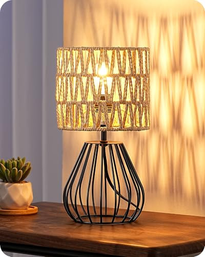 EDISHINE Lampada da Comodino Vintage, Paralume Boho Intrecciato a Mano e Base a Gabbia in Ferro, Lampadina LED E14 Inclusa, Luce a 2700K Bianco Caldo, Lampada da Tavolo per Camera, Salotto, Ufficio