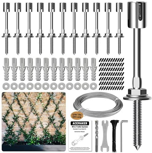 Acemaker Set di 12 graticci in filo metallico per piante rampicanti all'aperto, con cavo in acciaio inossidabile da 2 mm x 16,2 m, sistema a spalliera T316 per progetti fai da te di recinzione e