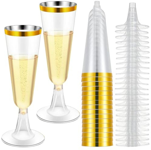 QIWEIS Riutilizzabili Flute Da Champagne Con Bordo In Dorato, 20 Pezzi 150ml Bicchieri Da Champagne Bicchiere Di Champagne Riutilizzabili Tazze Di Trasparenti Per Champagne Per Feste Matrimoni Natale