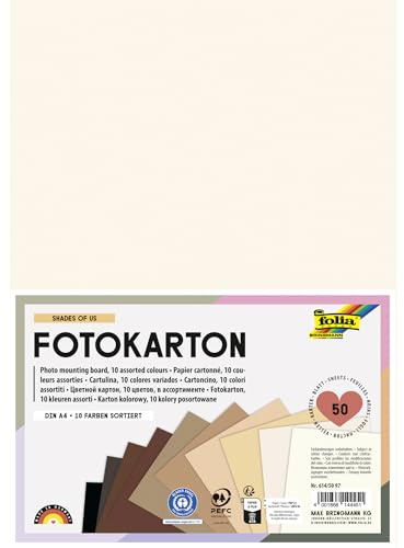 folia 614/50 97 - Fotokarton SHADES OF US, DIN A4, Block mit 300 g/m² Tonzeichenkarton, 50 Blatt in 10 Farben, zum Basteln, Verzieren und Dekorieren