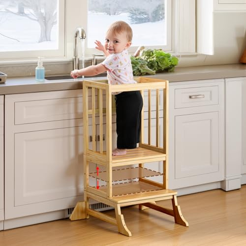 COSYLAND Height-Adjustable Toddler Standing Tower – Stable Kitchen Standing Stool with Reinforced Base – Lightweight Portable Standing Helper for Kitchen and Home Use (Natural)