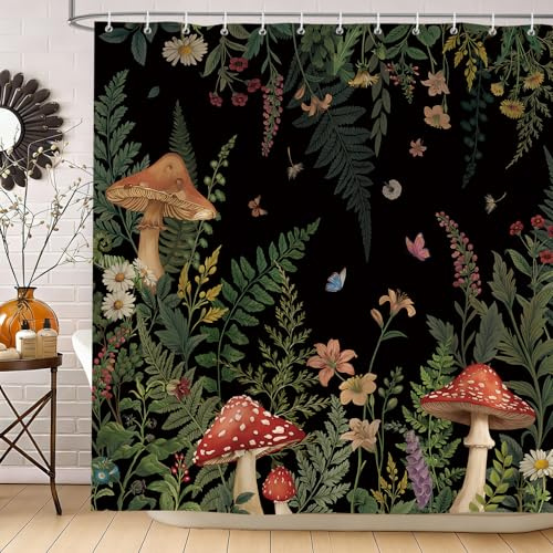 hometrixx Boho Vintage Duschvorhang Pilze Blumen Wald Schmetterling 180x200 | Wasserdicht Polyester, Maschinenwaschbar, Badevorhänge mit 12 Ringe, Schimmelresistent Badezimmervorhang für Dusche Bad