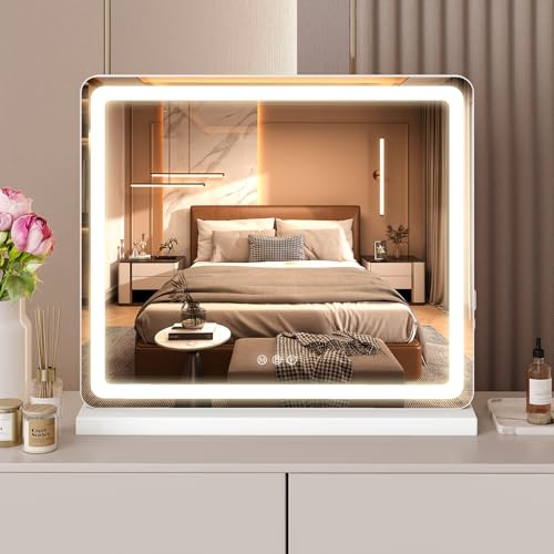 NEWBULIG 20x22 LED Vanity Mirror with Lights, Lighted Tabletop Makeup Mirror, Touch Control Dimmable Brightness, 3 Color Lighting Modes
