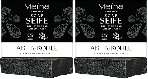 Meina Schwarze Seife mit Aktivkohle gegen Pickel und Akne, 100% Natürlich, Naturseife für fettige und unreine Haut ohne Palmöl, Bio Zertifiziert, Vegan, Nachhaltig, Handgemacht, 100g (Packung mit 2)