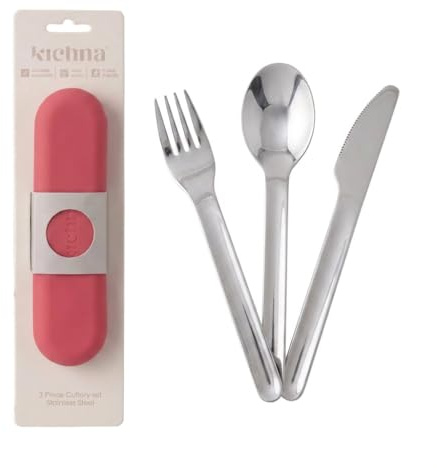 Kichna Travel Cutlery Set with Silicone Case – Reusable Knife Fork Spoon Set, Stainless Steel Portable Utensils for Lunch Box, Work, Camping & Travel – Dusty Berry Red