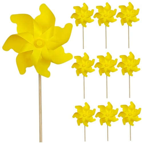 Gemuseeee 10 Girandole da Giardino in plastica da 7 Pollici di Diametro, Ideali per Esterni, per Il Giardino e per Il Gioco dei Bambini, con Asta in Legno da 15 Pollici - Gialle