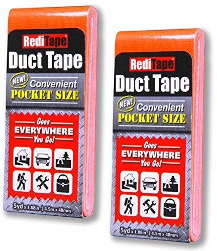 RediTape Paquete de 2 cintas adhesivas de tamaño de viaje, color naranja fluorescente, tamaño de bolsillo, mini rollo plano, para reparaciones al aire libre, manualidades de emergencia, 1.9 pulgadas x 5 yardas por paquete