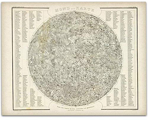 Moon Map Art Space Poster Vintage Antique - Moon Surface Phase Academia Chart - Great Astronomy Decor Gift for Astronomers (1847 German Map of the Moon)