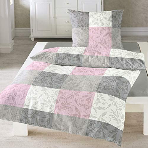 Traumschlaf Seersucker Sommer Bettwäsche aus 100 % Baumwolle in Rose • Geblümtes Design in Rosa & Grau • Bügelfrei, Atmungsaktiv & Pflegeleicht • 135x200 cm + 80x80 cm