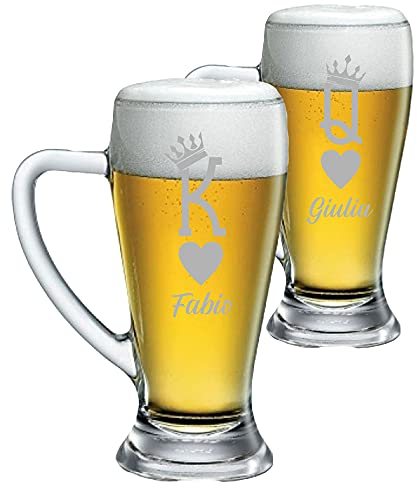 Colorfamily Coppia Boccali da birra Personalizzati Set da 2 Boccali da birra personalizzati con nome King Queen - bicchiere in vetro 38 cl