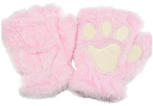 Kvinnors Fleecehandskar med Kattklor, Tass Vantar, Fuskpäls Vantar, Varma Halvfinger Handskar med Söta Katttass, Rosa, One Size