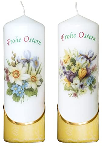 Meissner-Handel Auswahl * 2 Stück Osterkerze Stumpenkerze Osterdeko * 6 x 18 cm * mit farbigen Wachs- und Bildauflagen * Auswahl Motiv + Farbe * gelb * (Serie 4 - Set 17/19)