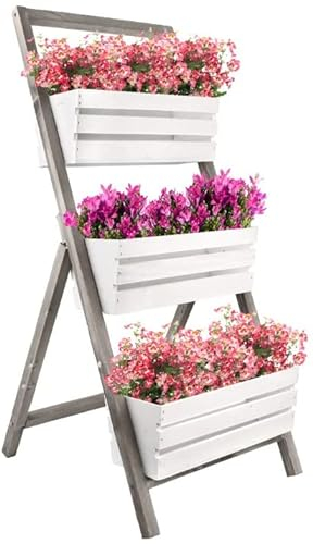 KOTARBAU® Blumenetagere Blumentreppe mit Einsatz 3 Etagen für Pflanzen Blumenregal innen & außen Holz 46x58x105 cm Blumentopf Weiß - Grau