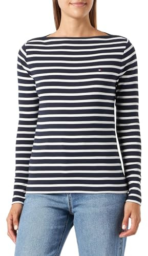Tommy Hilfiger Damen Langarmshirt Slim Cody Rib Baumwolle, Mehrfarbig (Breton Desert Sky/Ecru), S