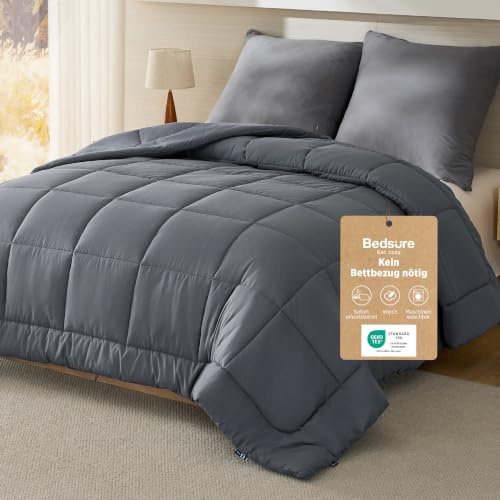 BEDSURE Bettdecke Ohne Bezug 200x200 - Bettdecke mit Integriertem Bezug | Bettdecke 200x200 für Allergiker Waschbare 4 Jahreszeiten Bettdecken Oeko-TEX Ganzjahresdecke Warm & Gemütlich, Grau
