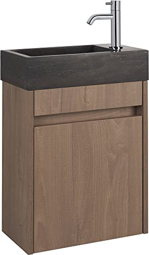 Saqu Florence Gäste WC Waschbecken mit Unterschrank Vormontiert - in Braun mit Natursteinwaschbecken rechts - Kleines Gäste WC Bad Möbel mit Waschtisch