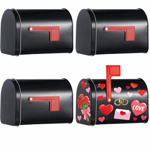 Lounsweer 4 Pcs Mini Tinplate Mailbox Toy Small Toy Mailbox with Raised Signal Flags Post Mount for Boys and Girls Christmas DIY Projects for Exchange Activities Christmas Party Gifts (Black)
