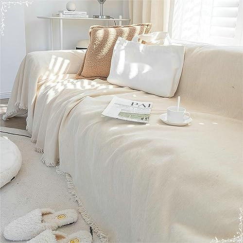 Mesnt Couchbezug für Hunde, Chenille Sofaschoner Überwurfdecke Sofaschutz für Katze/Hunde Einfarbig mit Quaste Cremeweiß, 180x260CM