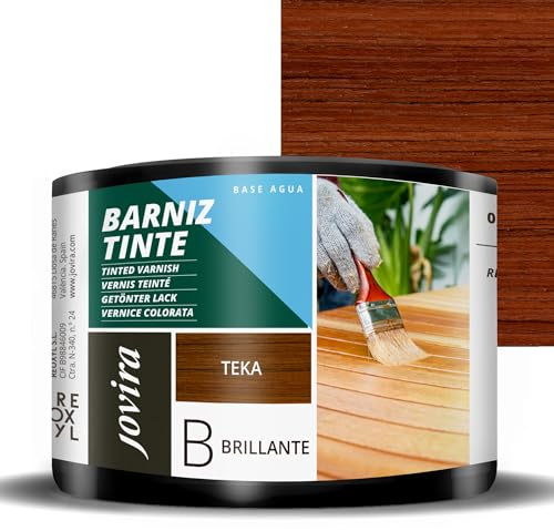 JOVIRA PINTURAS Barniz Tinte Brillante al Agua, acabado Brillo. Especial para teñir y barnizar maderas. (375 Mililitros, Teka) F-32