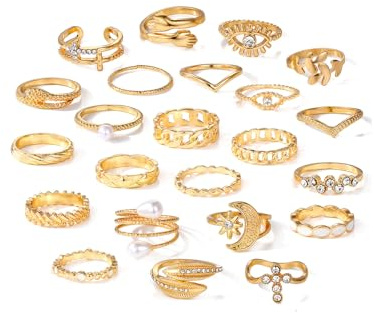 GIGB PBDK Gold Knuckle Rings Set for Women Boho Cross Eye Leaf Hug Stackable Rings Vintage Pearl Sun Moon Star Joint Finger Rings Aesthetic Statement Rings Dainty Jewelry Gifts (23Pcs)