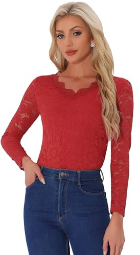 Allegra K Långärmad transparent topp med volangkrage, nätblommor, spetstopp, blus, röd, S